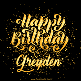 Animated GIF with colorful, festive 'Happy Birthday Greyden' text decorated with patterns, a party hat, and falling confetti. A vibrant and cheerful design for birthday celebrations.