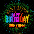 A colorful animated GIF featuring the text 'Happy Birthday Greyden!' in rainbow colors with a dynamic iridescent firework display in the background.