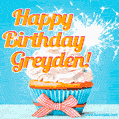 A cheerful animated GIF of a cupcake with creamy frosting, a red checkered ribbon, and a bright sparkler on top. The text 'Happy Birthday Greyden!' is displayed in vibrant orange and red.