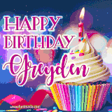 A festive animated GIF featuring a colorful cupcake with a single lit candle, sprinkles, and 'Happy Birthday Greyden' text against a sparkling, celebratory background.