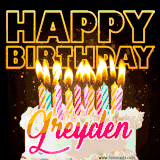 A vibrant animated GIF featuring a delicious birthday cake topped with glowing candles and the name 'Greyden' in elegant script, and the words 'Happy Birthday' on the black background.