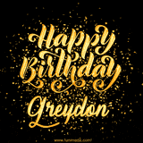 Animated GIF with colorful, festive 'Happy Birthday Greydon' text decorated with patterns, a party hat, and falling confetti. A vibrant and cheerful design for birthday celebrations.