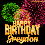 A captivating GIF with bursts of green, pink, and orange fireworks lighting up the night sky, accompanied by 'Happy Birthday Greydon' in glowing golden text.