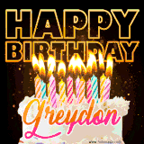 A vibrant animated GIF featuring a delicious birthday cake topped with glowing candles and the name 'Greydon' in elegant script, and the words 'Happy Birthday' on the black background.