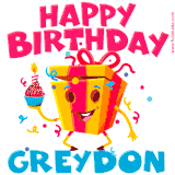 A funny animated birthday GIF with the words 'Happy Birthday Greydona', colorful gift box with arms and legs, holding a cupcake with a lit candle  with confetti everywhere.