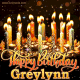 A glowing personalized birthday GIF with name Greylynn featuring lit candles with intricate designs, warm lighting, and the text 'Happy Birthday' in an elegant font.