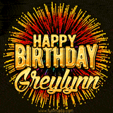 Golden 'Happy Birthday Greylynn' text accompanied by animated rainbow fireworks for a festive animated greeting.
