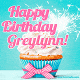 A festive cupcake with pink icing, a gingham bow, and a lit animated sparkler, paired with 'Happy Birthday Greylynn!' in bright pink text.