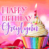 A vibrant birthday GIF featuring a rainbow-colored cupcake topped with white frosting, sprinkles, and a lit candle. The text reads 'Happy Birthday Greylynn' in bold pink and violet letters with white outline.
