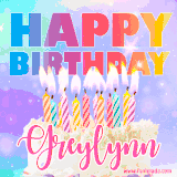 A vibrant animated name GIF with the words 'Happy Birthday Greylynn' with colorful candles on a creamy cake. The background sparkles with pastel shades, adding a festive touch.