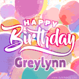 A vibrant name GIF featuring colorful balloons in shades of pink, orange, and yellow with the bold text 'Happy Birthday Greylynn' in festive fonts, creating a lively birthday vibe.