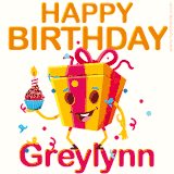 A vibrant and funny gift box character with a happy face dancing with a cupcake and the text 'Happy Birthday Greylynn,' surrounded by animated confetti and party vibes.
