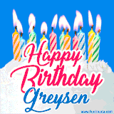 A cheerful animated GIF featuring colorful lit birthday candles on a white cake, with the text 'Happy Birthday Greysen' in bold red and blue script on a bright blue background.