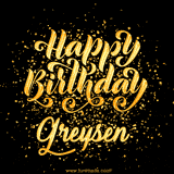 Animated GIF with colorful, festive 'Happy Birthday Greysen' text decorated with patterns, a party hat, and falling confetti. A vibrant and cheerful design for birthday celebrations.