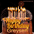 A rich chocolate cake topped with glowing birthday candles and surrounded by bright fireworks. The animated GIF displays the message 'Happy Birthday Greysen' in golden text.