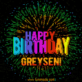 A colorful animated GIF featuring the text 'Happy Birthday Greysen!' in rainbow colors with a dynamic iridescent firework display in the background.
