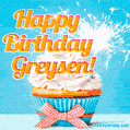 A cheerful animated GIF of a cupcake with creamy frosting, a red checkered ribbon, and a bright sparkler on top. The text 'Happy Birthday Greysen!' is displayed in vibrant orange and red.