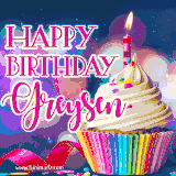 A festive animated GIF featuring a colorful cupcake with a single lit candle, sprinkles, and 'Happy Birthday Greysen' text against a sparkling, celebratory background.