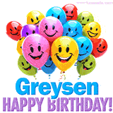 An animated birthday-themed name GIF with colorful smiling balloons and bold 'Greysen, Happy Birthday!' text for a celebratory touch.