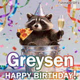 A humorous and festive Birthday GIF for Greysen. The raccoon enjoys a feast in a bin, adding a touch of comedy to the special wish with vibrant decorations.
