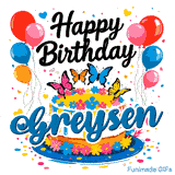 An animated card for Greysen featuring four colorful butterflies on top of a cake decorated with little flowers.
