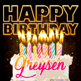A vibrant animated GIF featuring a delicious birthday cake topped with glowing candles and the name 'Greysen' in elegant script, and the words 'Happy Birthday' on the black background.