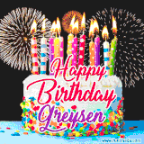 A lively happy birthday animated GIF showcasing a colorful birthday cake covered in sprinkles, topped with glowing candles, and surrounded by vibrant fireworks. The name 'Greysen' is featured in elegant script.