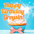 A cheerful animated GIF of a cupcake with creamy frosting, a red checkered ribbon, and a bright sparkler on top. The text 'Happy Birthday Greysin!' is displayed in vibrant orange and red.