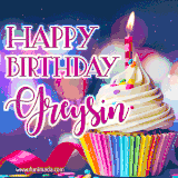 A festive animated GIF featuring a colorful cupcake with a single lit candle, sprinkles, and 'Happy Birthday Greysin' text against a sparkling, celebratory background.
