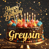 A customized birthday ecard for Greysin displaying a rich chocolate cake with a sparkly dark background.