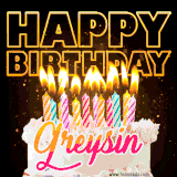 A vibrant animated GIF featuring a delicious birthday cake topped with glowing candles and the name 'Greysin' in elegant script, and the words 'Happy Birthday' on the black background.