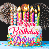 A lively happy birthday animated GIF showcasing a colorful birthday cake covered in sprinkles, topped with glowing candles, and surrounded by vibrant fireworks. The name 'Greysin' is featured in elegant script.