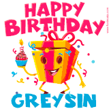 A funny animated birthday GIF with the words 'Happy Birthday Greysina', colorful gift box with arms and legs, holding a cupcake with a lit candle  with confetti everywhere.