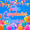 A vibrant animated GIF with 'Feliz Cumpleaños Greyson' written in colorful script, surrounded by balloons, confetti, and bunting on a bright blue background.