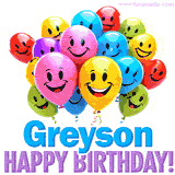 An animated birthday-themed name GIF with colorful smiling balloons and bold 'Greyson, Happy Birthday!' text for a celebratory touch.