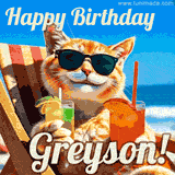 A cheerful cat wearing sunglasses, enjoying drinks on a sunny beach chair, with the text 'Happy Birthday Greyson!' in bright letters.
