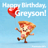 Seamlessly looping animation of a dancing pizza wishing Happy Birthday to Greyson