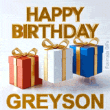 Happy Birthday Greyson written in bold 3D golden text with three colorful gift boxes in red, white, and blue bouncing up and down