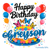 Vibrant balloons and fluttering butterflies on a flower-themed birthday cake animated GIF for Greyson.