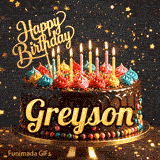 Birthday cake animation for Greyson featuring glowing yellow candles, colorful decorative candy, and golden letters.