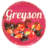 Beautifully decorated red velvet berry birthday cake with vibrant fruits and a glowing 'Greyson' name, adding a touch of sweetness and sparkle.