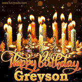 A glowing personalized birthday GIF with name Greyson featuring lit candles with intricate designs, warm lighting, and the text 'Happy Birthday' in an elegant font.