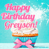 A festive cupcake with pink icing, a gingham bow, and a lit animated sparkler, paired with 'Happy Birthday Greyson!' in bright pink text.