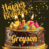 A delightful chocolate birthday cake with bright candles and 'Happy Birthday Greyson' written in gold amidst a shower of animated stars.