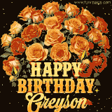 Animated bouquet of orange roses with moving butterfles and golden 'Happy Birthday Greyson' text, surrounded by sparkling accents and a dark backdrop for a luxurious feel.