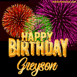 A golden 'Happy Birthday Greyson' message with vibrant fireworks in the background, creating a festive and celebratory vibe in this animated name GIF.