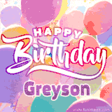 A vibrant name GIF featuring colorful balloons in shades of pink, orange, and yellow with the bold text 'Happy Birthday Greyson' in festive fonts, creating a lively birthday vibe.