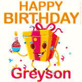 A vibrant and funny gift box character with a happy face dancing with a cupcake and the text 'Happy Birthday Greyson,' surrounded by animated confetti and party vibes.