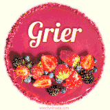 Beautifully decorated red velvet berry birthday cake with vibrant fruits and a glowing 'Grier' name, adding a touch of sweetness and sparkle.