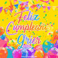 A bright and festive GIF with the text 'Feliz Cumpleaños Grier' in Spanish in colorful fonts, surrounded by confetti, balloons, and festive banners on a vibrant yellow background.
